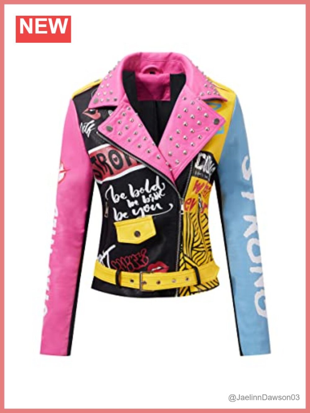 Faux Leather Moto Jacket Floral Studded Biker Coat Slim Fit